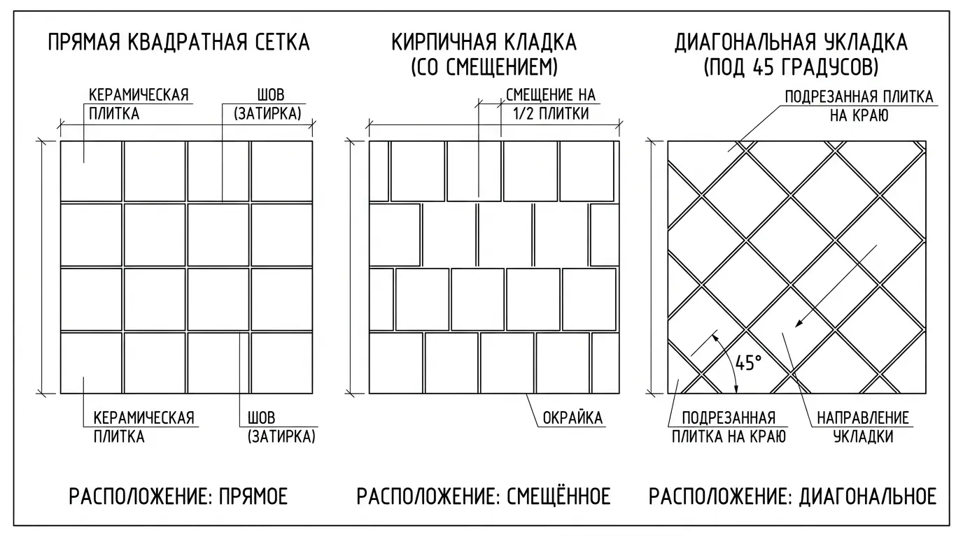 Схемы способов раскладки плитки: прямая, вразбежку, диагональная