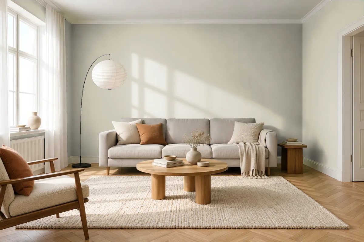 Краска Little Greene LG 270 Green Stone — гостиная в скандинавском стиле