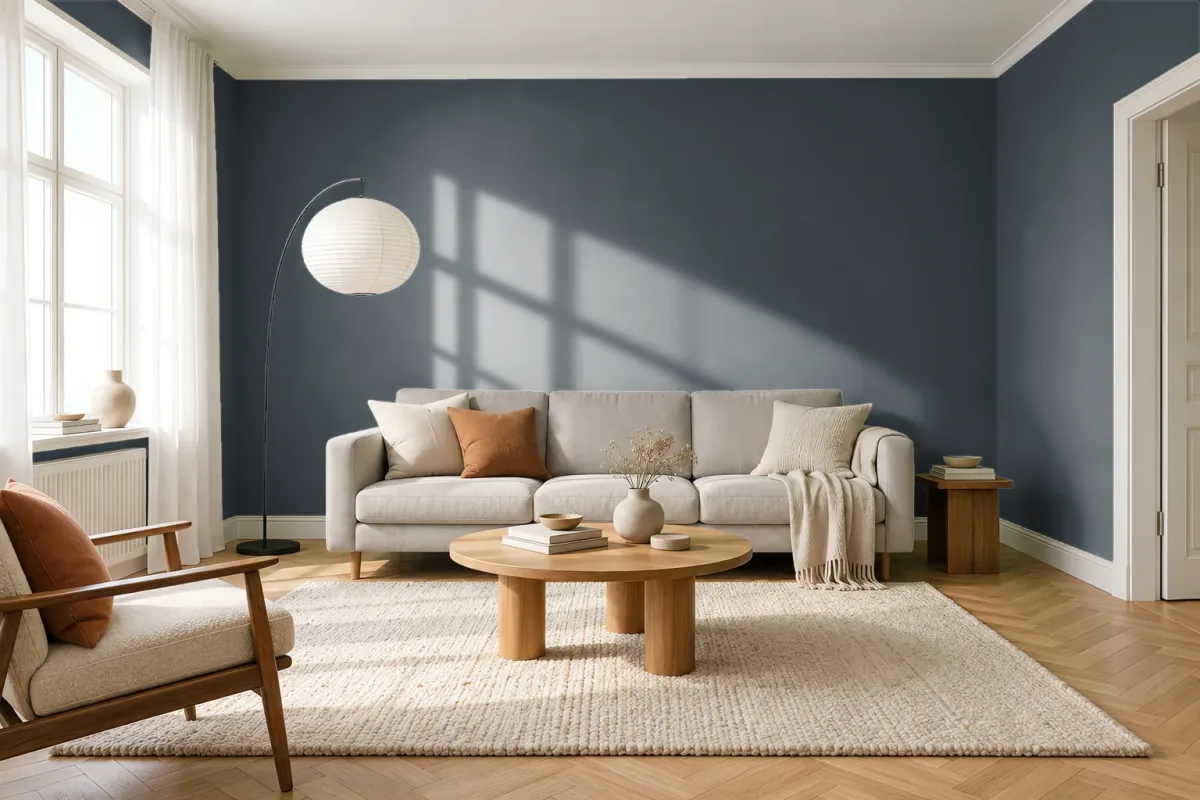 Краска PANTONE 19-3910 Iron Gate — гостиная в скандинавском стиле