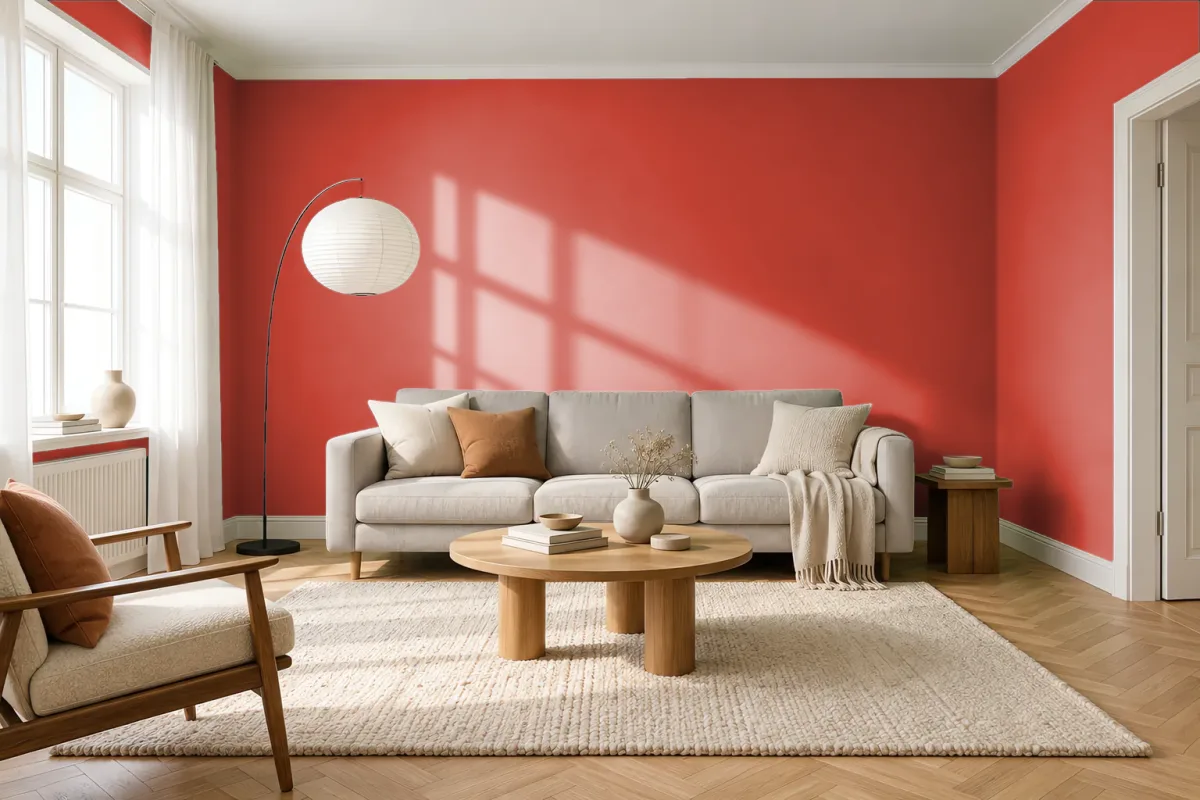 Краска PANTONE 18-1564 Poinciana — гостиная в скандинавском стиле