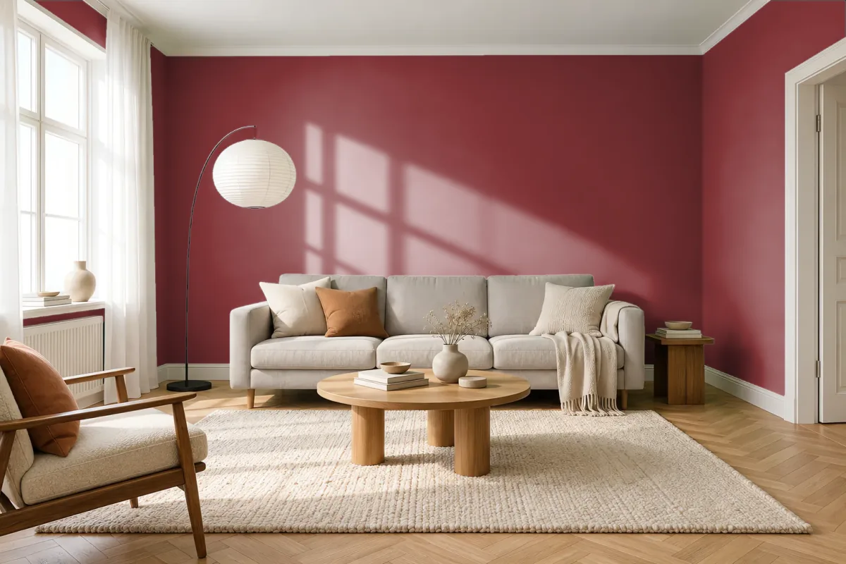 Краска PANTONE 19-1555 Red Dahlia — гостиная в скандинавском стиле