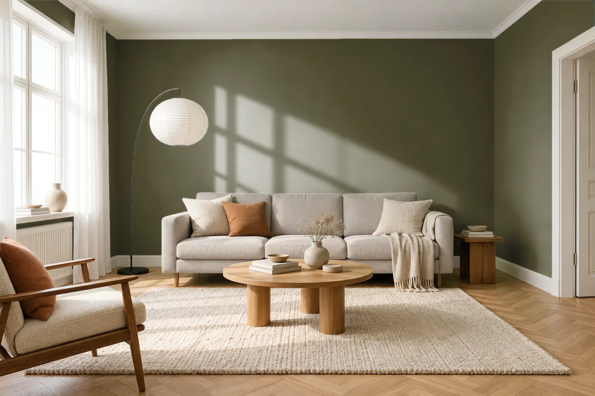Краска PANTONE 18-0523 Winter Moss — гостиная в скандинавском стиле