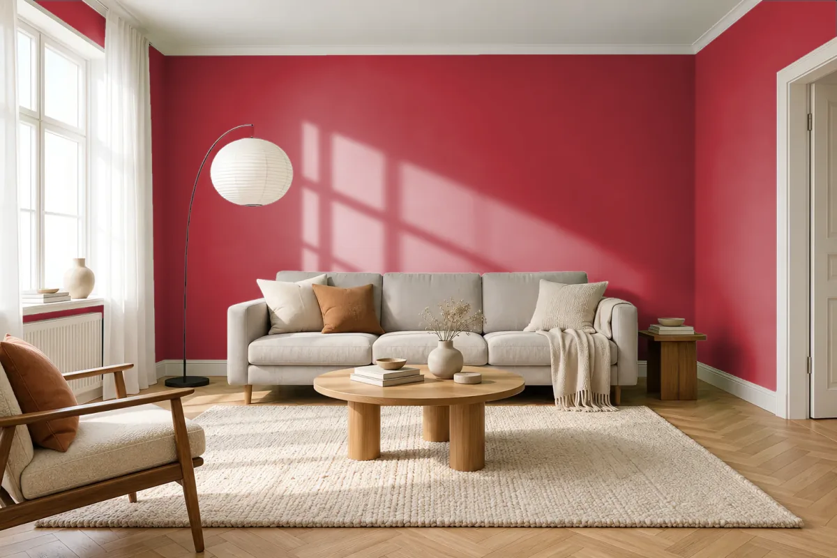 Краска PANTONE 19-1757 Barbados Cherry — гостиная в скандинавском стиле