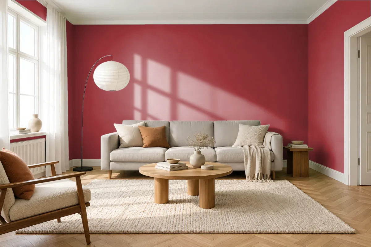 Краска PANTONE 19-1758 Haute Red — гостиная в скандинавском стиле