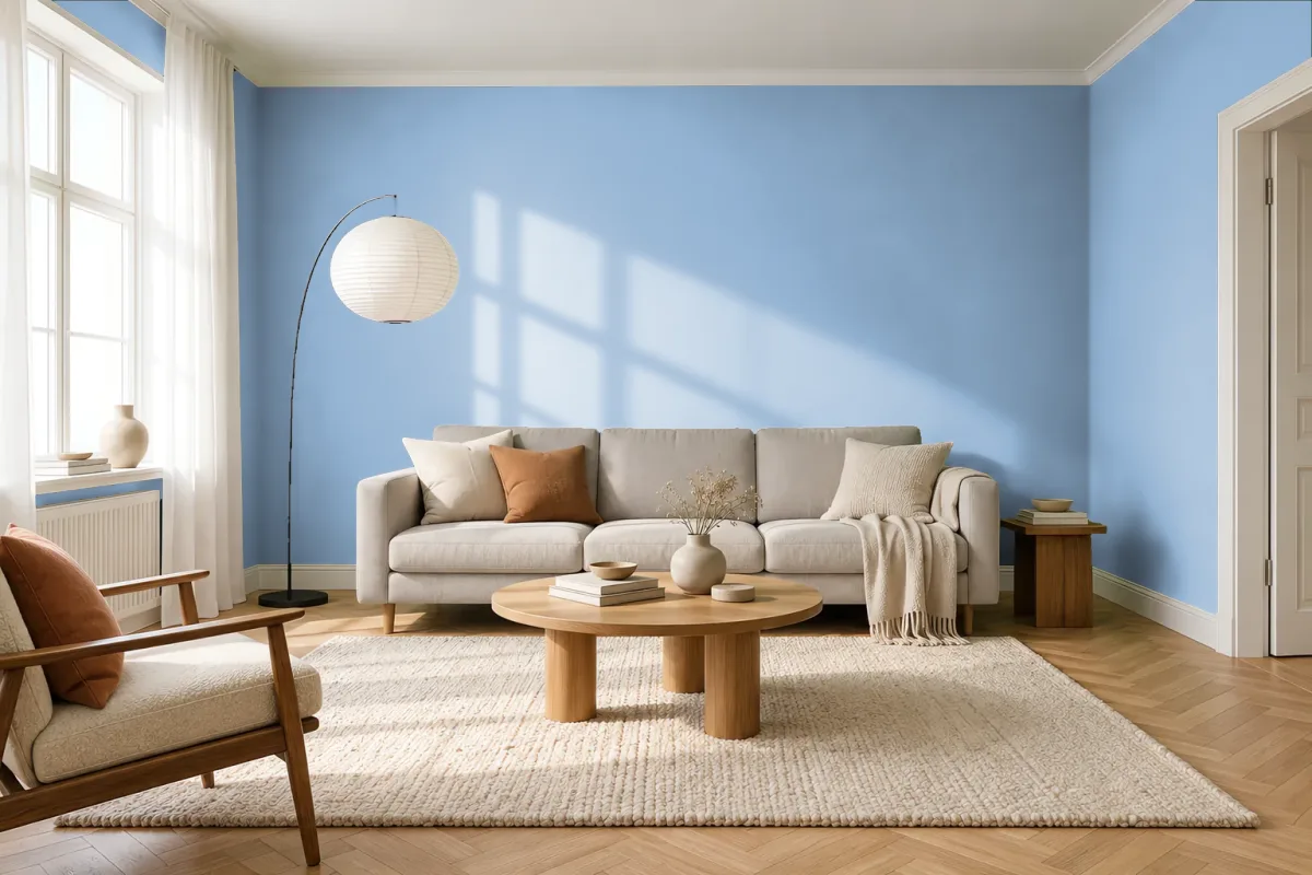 Краска PANTONE 15-4030 Chambray Blue — гостиная в скандинавском стиле