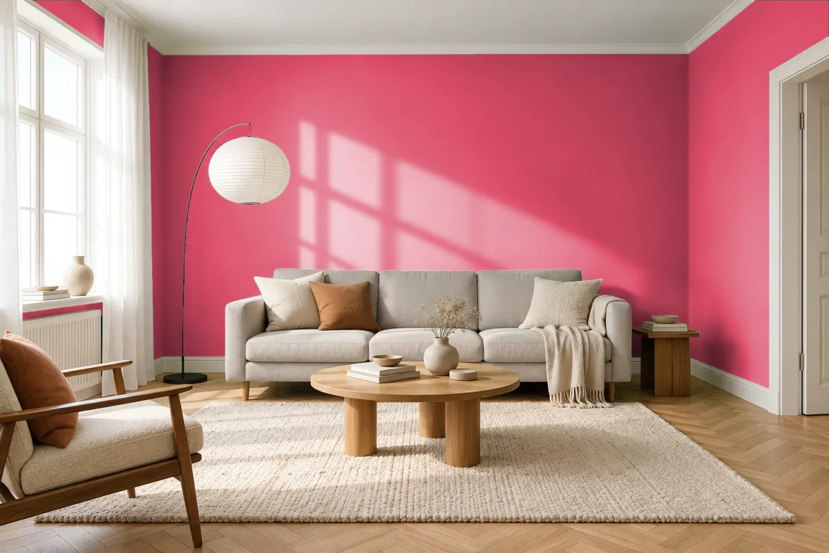 Краска PANTONE 17-1755 Paradise Pink — гостиная в скандинавском стиле