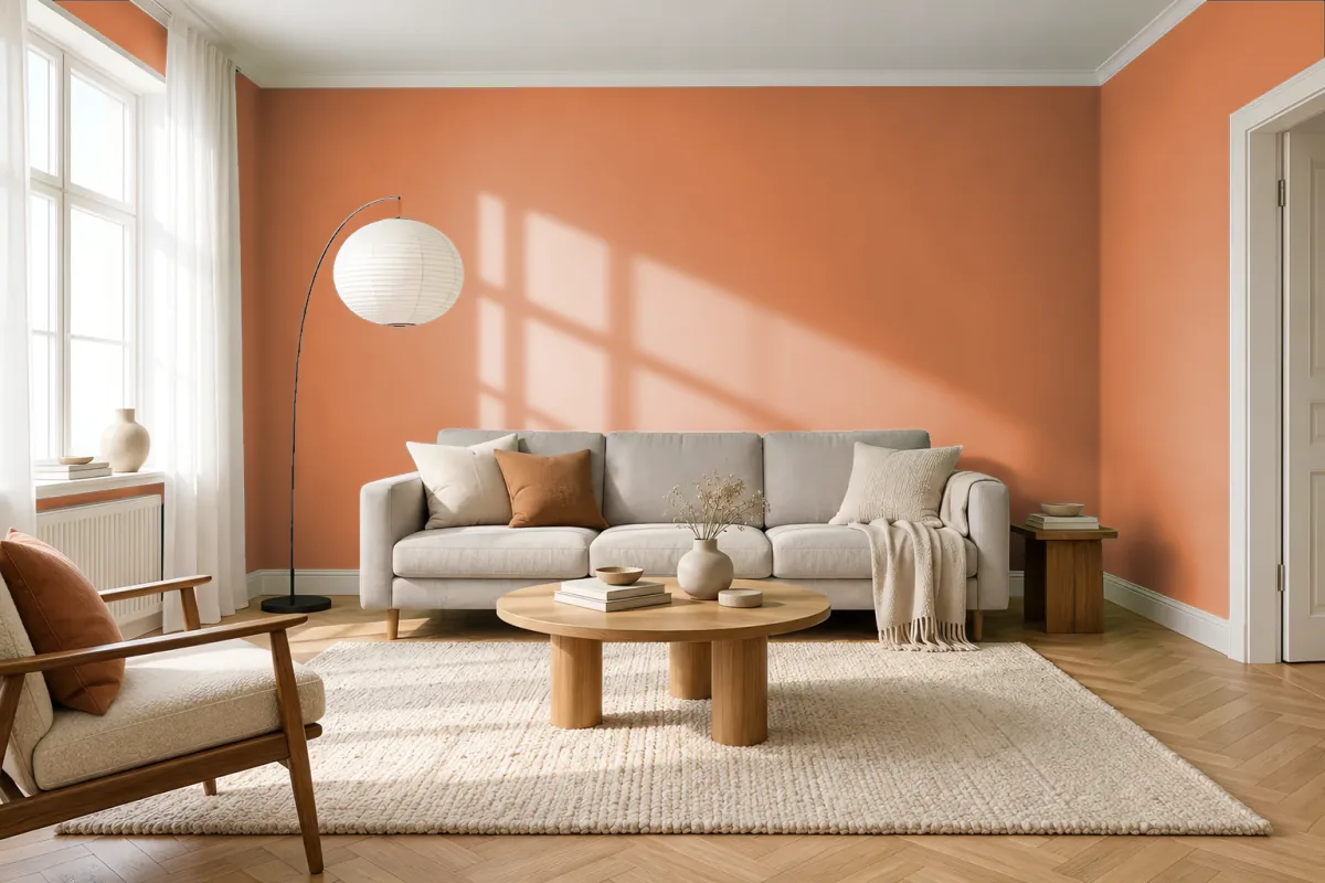 Краска PANTONE 16-1443 Apricot Buff — гостиная в скандинавском стиле