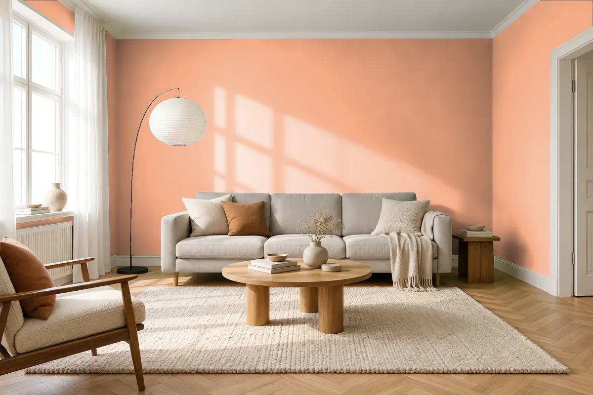 Краска PANTONE 14-1230 Apricot Wash — гостиная в скандинавском стиле