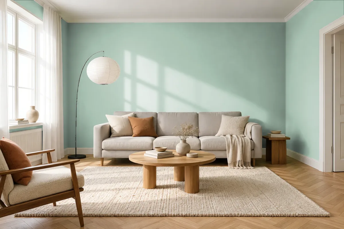 Краска PANTONE 14-5707 Aqua Foam — гостиная в скандинавском стиле