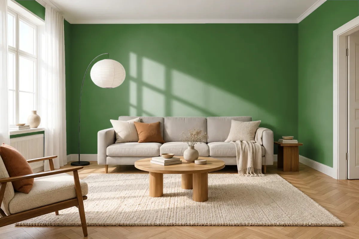Краска PANTONE 18-0125 Artichoke Green — гостиная в скандинавском стиле