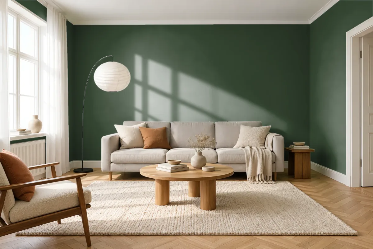 Краска PANTONE 19-0315 Black Forest — гостиная в скандинавском стиле