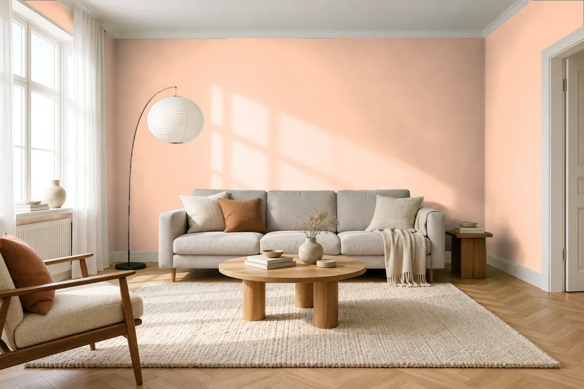 Краска PANTONE 12-0917 Bleached Apricot — гостиная в скандинавском стиле