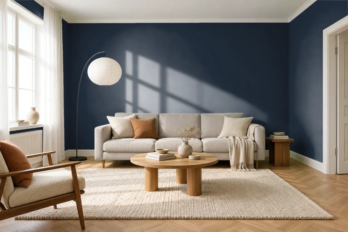 Краска PANTONE 19-4023 Blue Nights — гостиная в скандинавском стиле