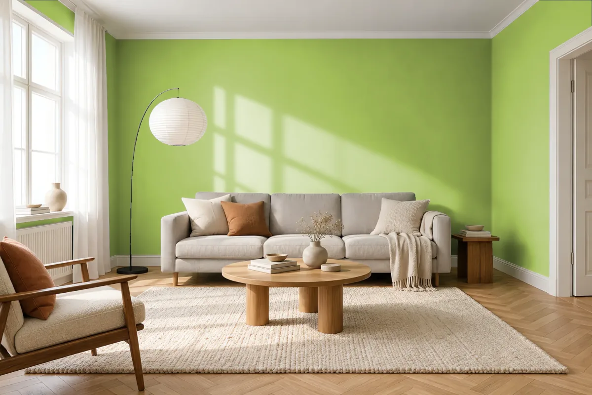 Краска PANTONE 14-0244 Bright Lime Green — гостиная в скандинавском стиле