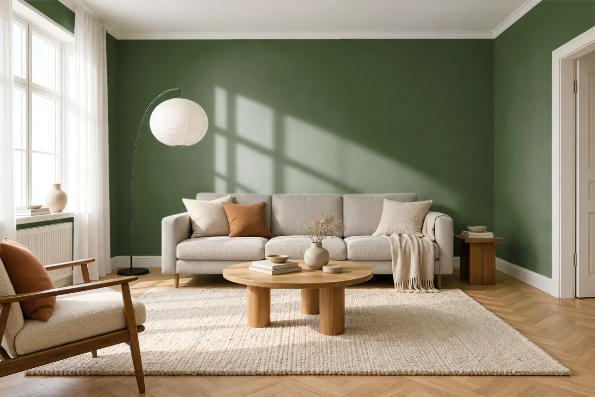 Краска PANTONE 18-0317 Bronze Green — гостиная в скандинавском стиле