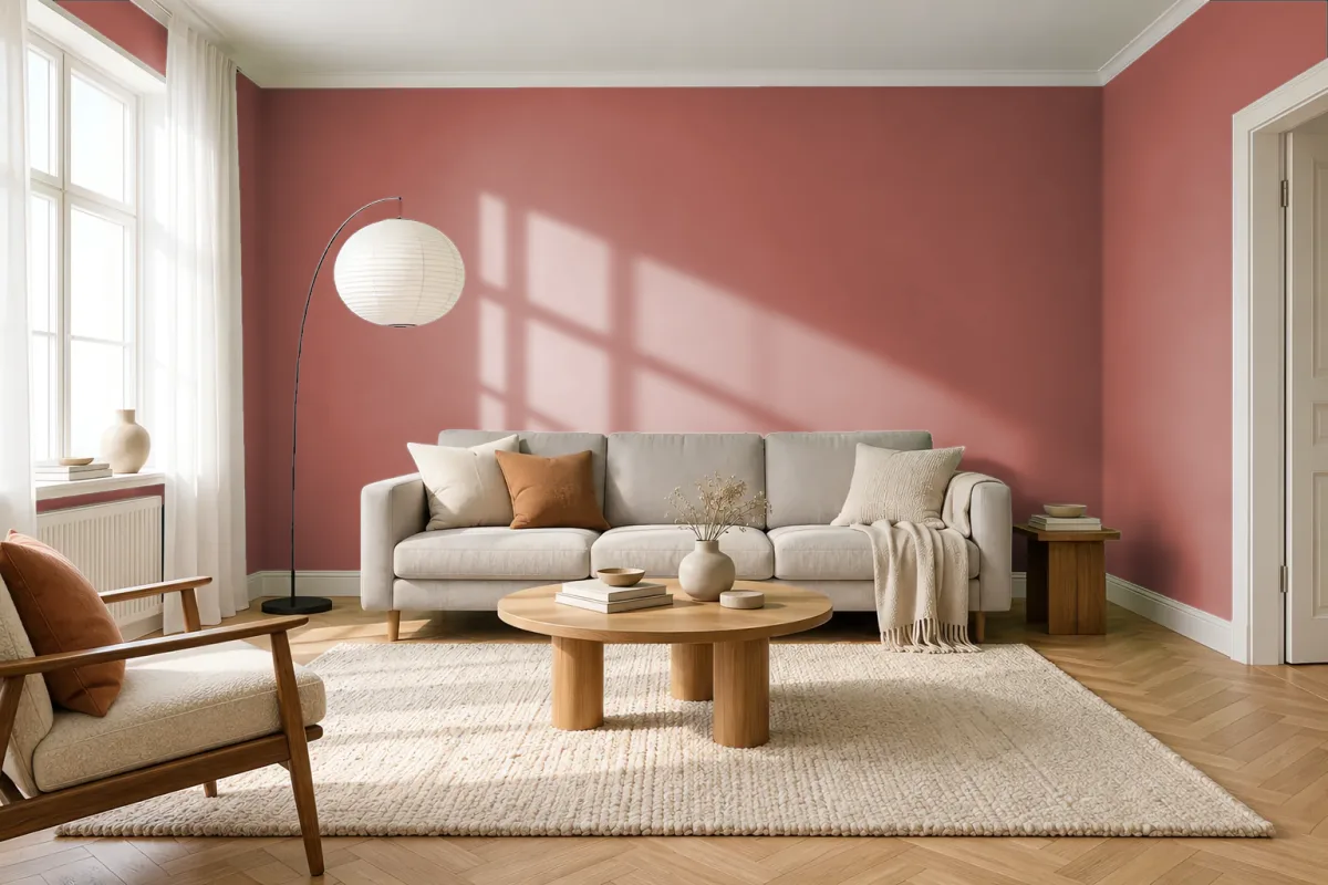 Краска PANTONE 18-1346 Bruschetta — гостиная в скандинавском стиле