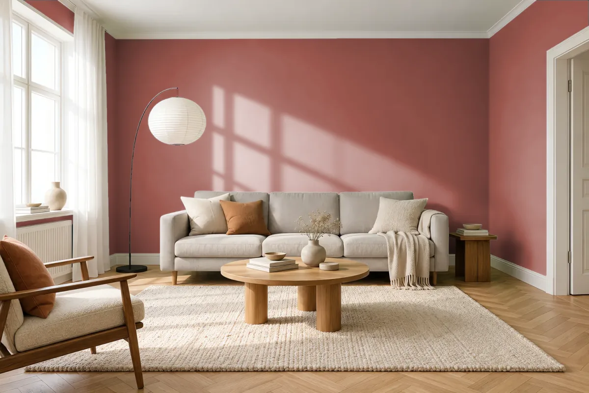 Краска PANTONE 18-1350 Burnt Brick — гостиная в скандинавском стиле