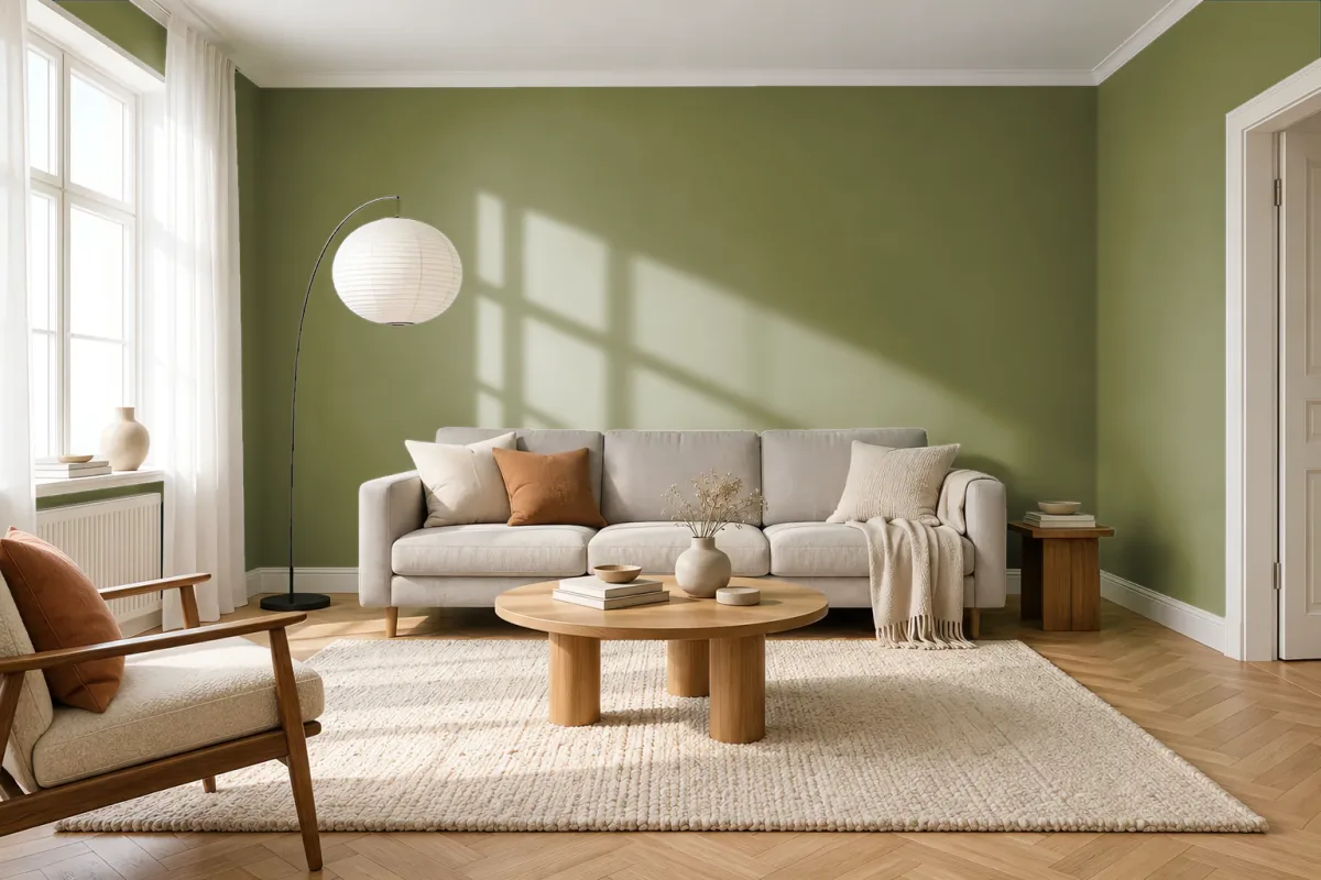 Краска PANTONE 18-0324 Calliste Green — гостиная в скандинавском стиле