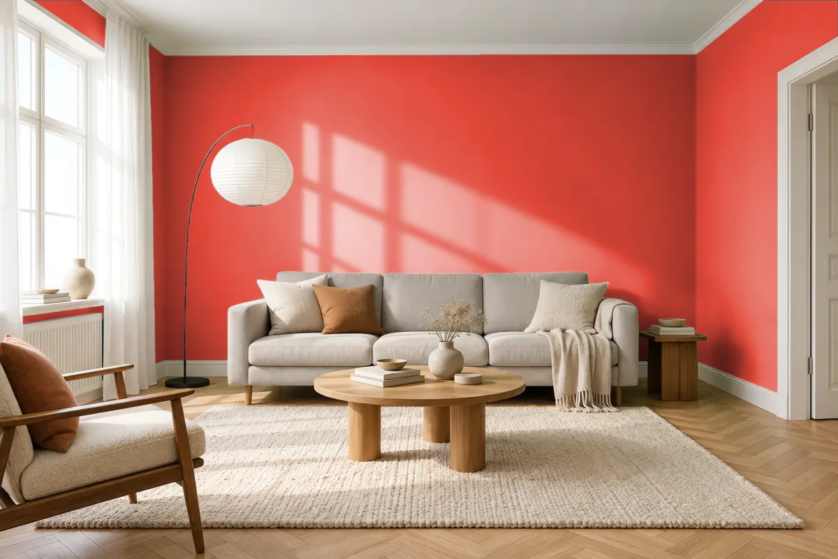 Краска PANTONE 17-1563 Cherry Tomato — гостиная в скандинавском стиле