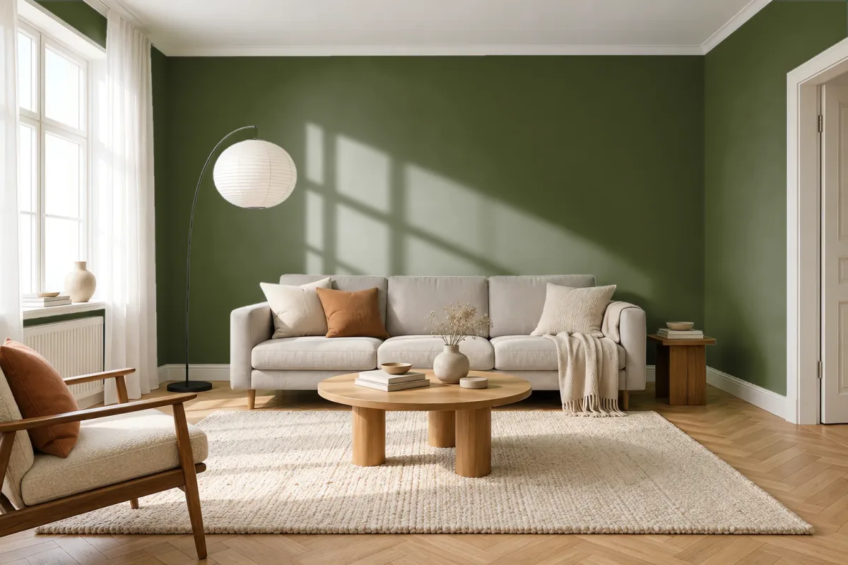 Краска PANTONE 19-0323 Chive — гостиная в скандинавском стиле