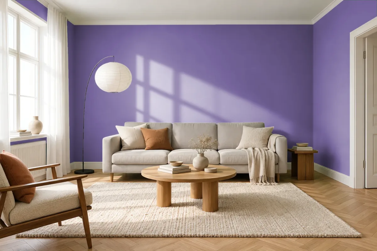 Краска PANTONE 18-3634 Chive Blossom — гостиная в скандинавском стиле
