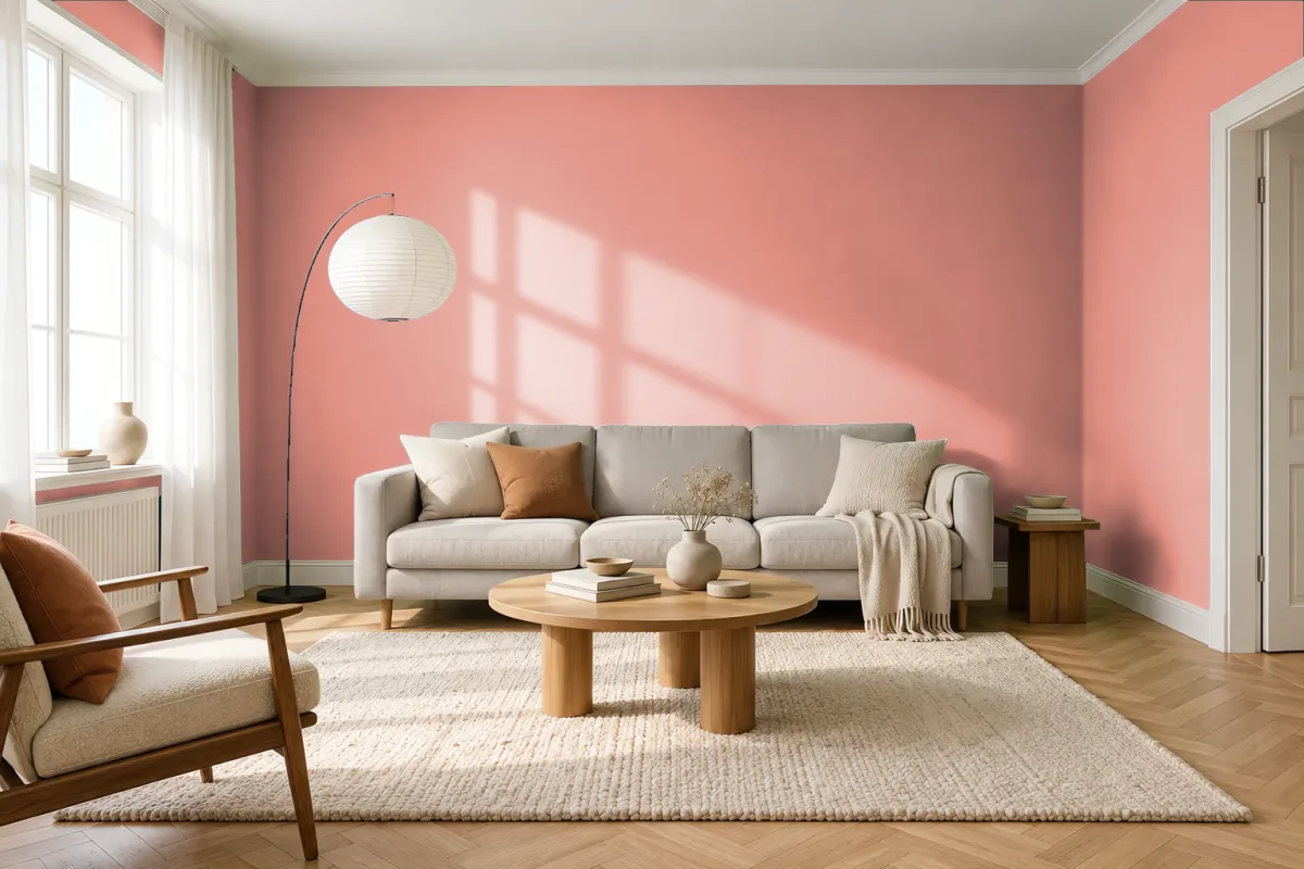 Краска PANTONE 16-1329 Coral Haze — гостиная в скандинавском стиле
