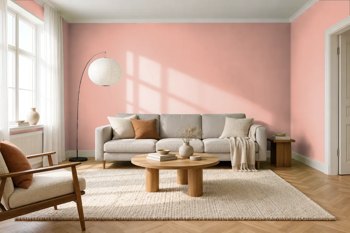 Краска PANTONE 14-1318 Coral Pink — гостиная в скандинавском стиле