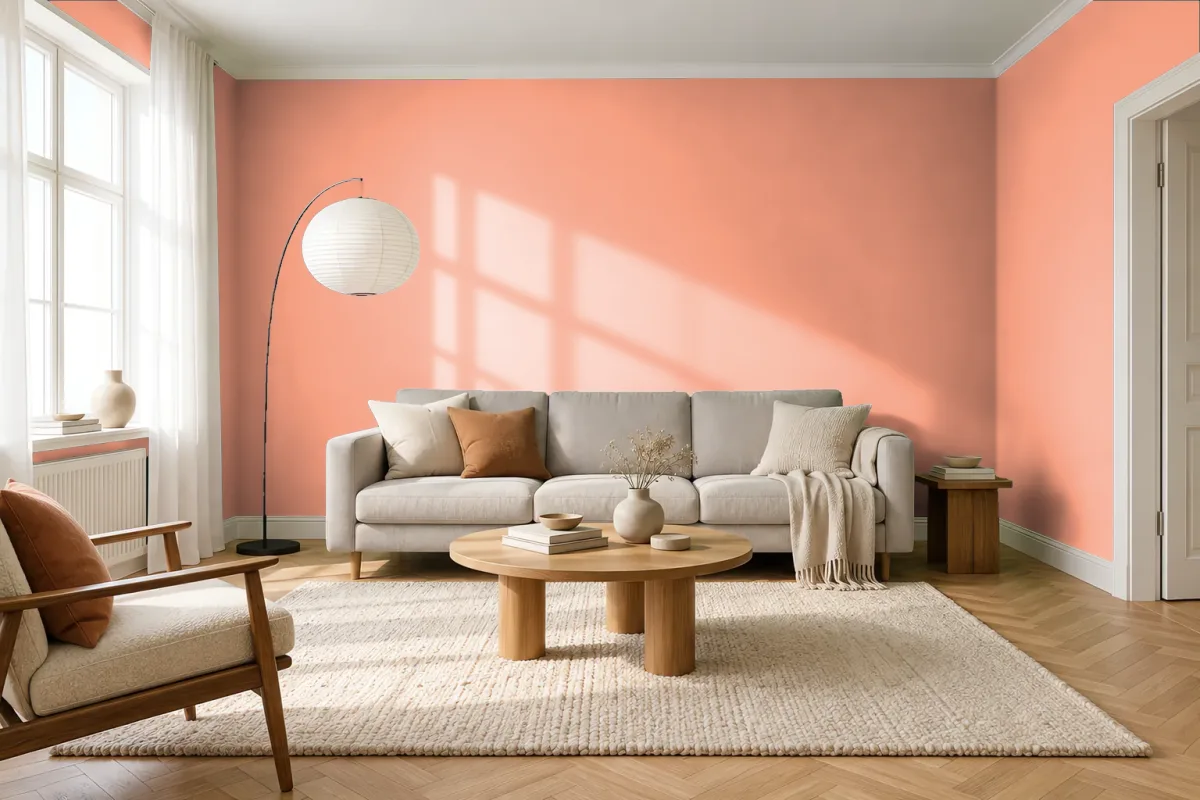 Краска PANTONE 15-1331 Coral Reef — гостиная в скандинавском стиле