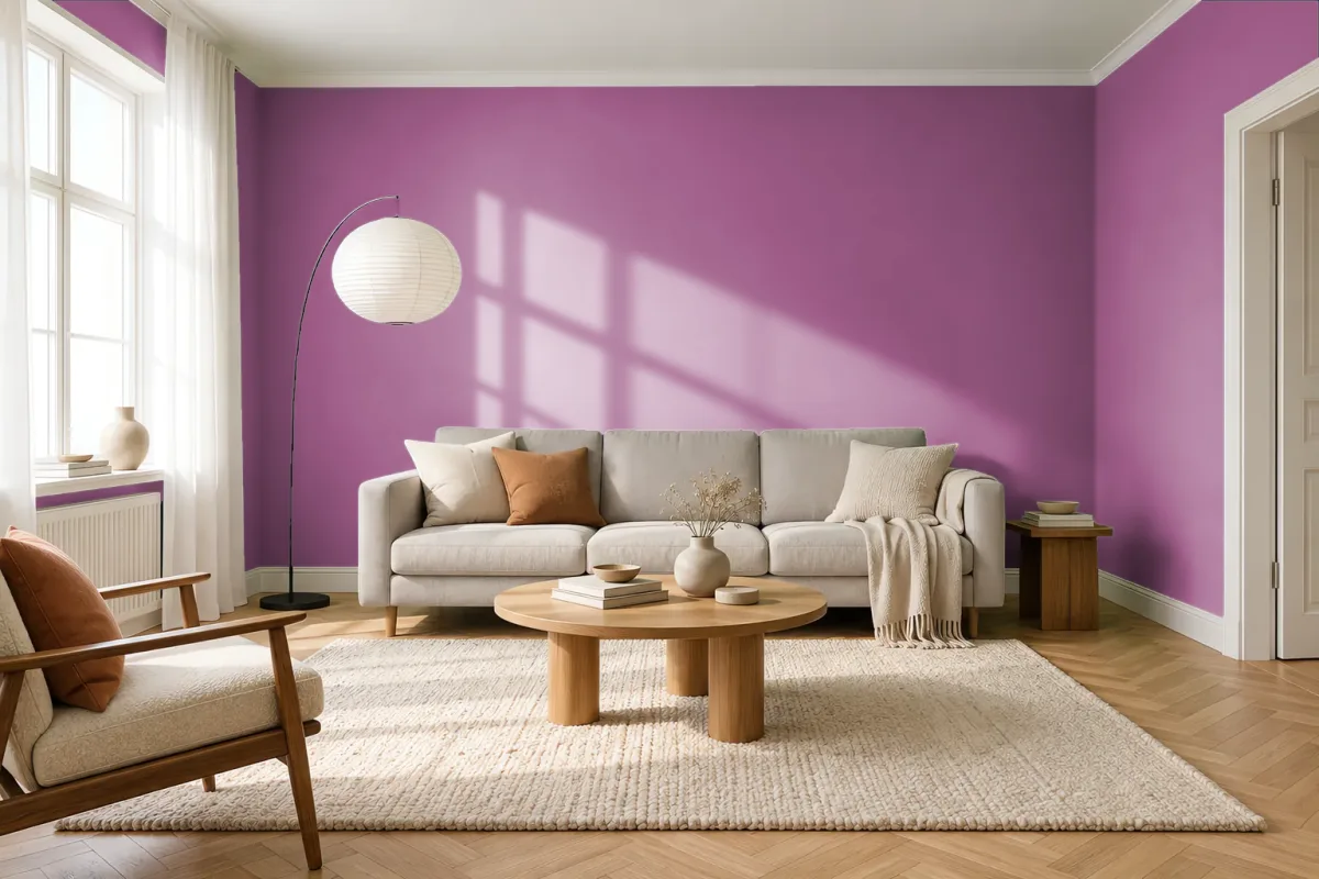 Краска PANTONE 17-2617 Dahlia Mauve — гостиная в скандинавском стиле