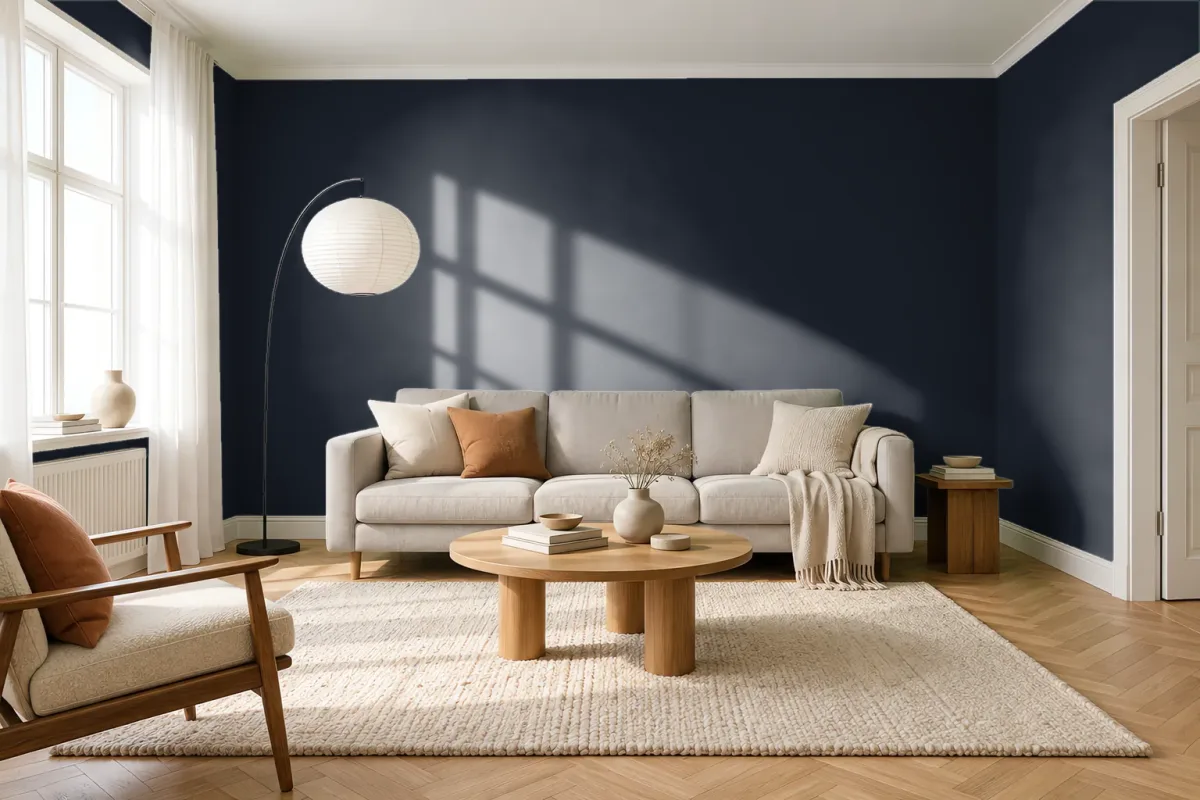 Краска PANTONE 19-4013 Dark Navy — гостиная в скандинавском стиле