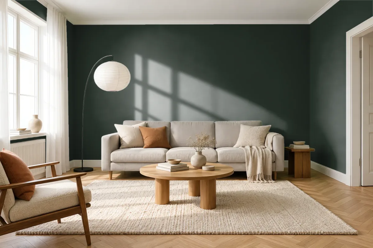 Краска PANTONE 19-6110 Deep Forest — гостиная в скандинавском стиле