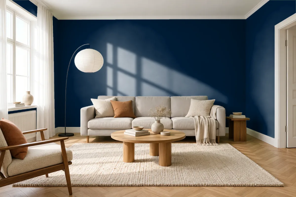 Краска PANTONE 19-4024 Dress Blues — гостиная в скандинавском стиле