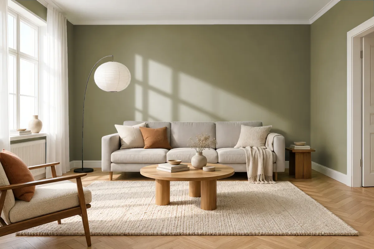 Краска PANTONE 17-0627 Dried Herb — гостиная в скандинавском стиле
