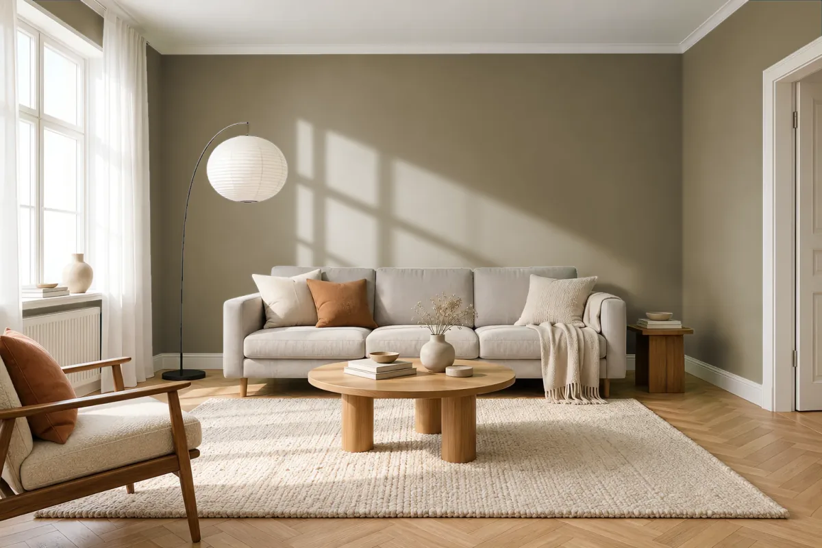 Краска PANTONE 17-1019 Elmwood — гостиная в скандинавском стиле