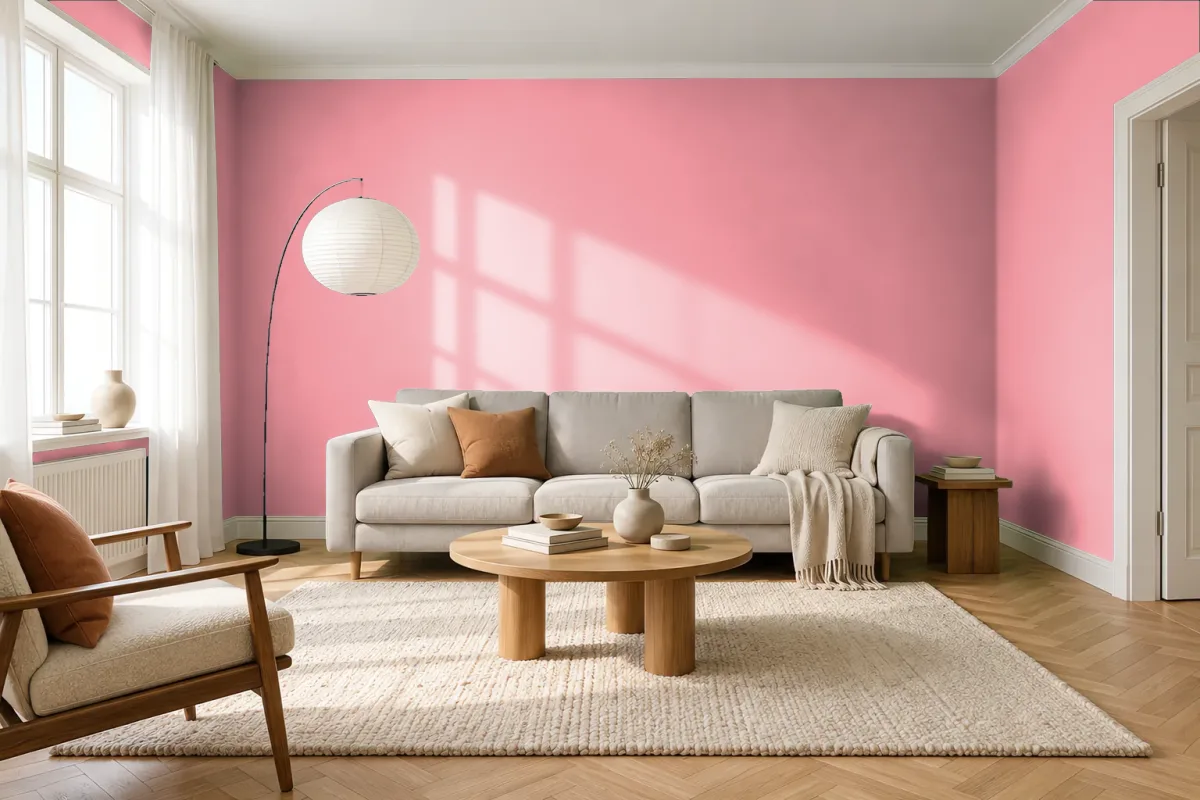 Краска PANTONE 15-1821 Flamingo Pink — гостиная в скандинавском стиле