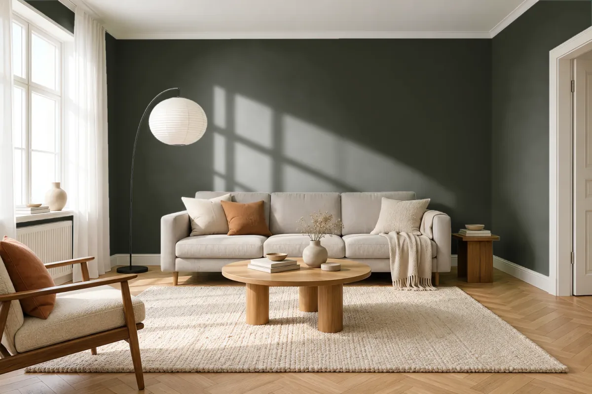 Краска PANTONE 19-0414 Forest Night — гостиная в скандинавском стиле