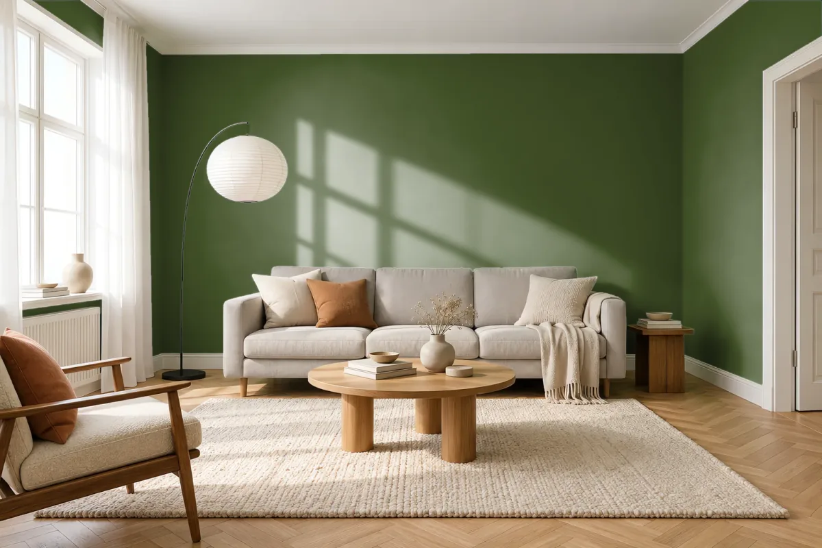 Краска PANTONE 19-0230 Garden Green — гостиная в скандинавском стиле