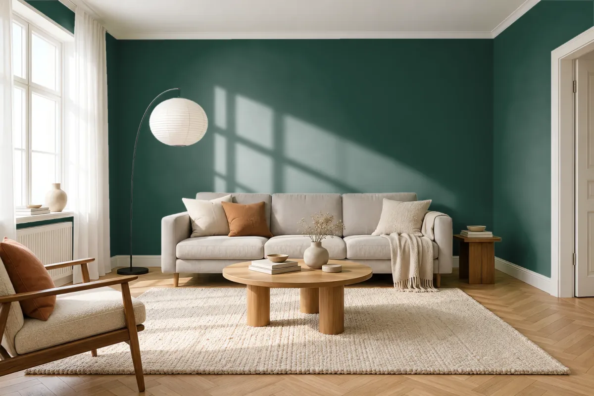 Краска PANTONE 18-5913 Garden Topiary — гостиная в скандинавском стиле