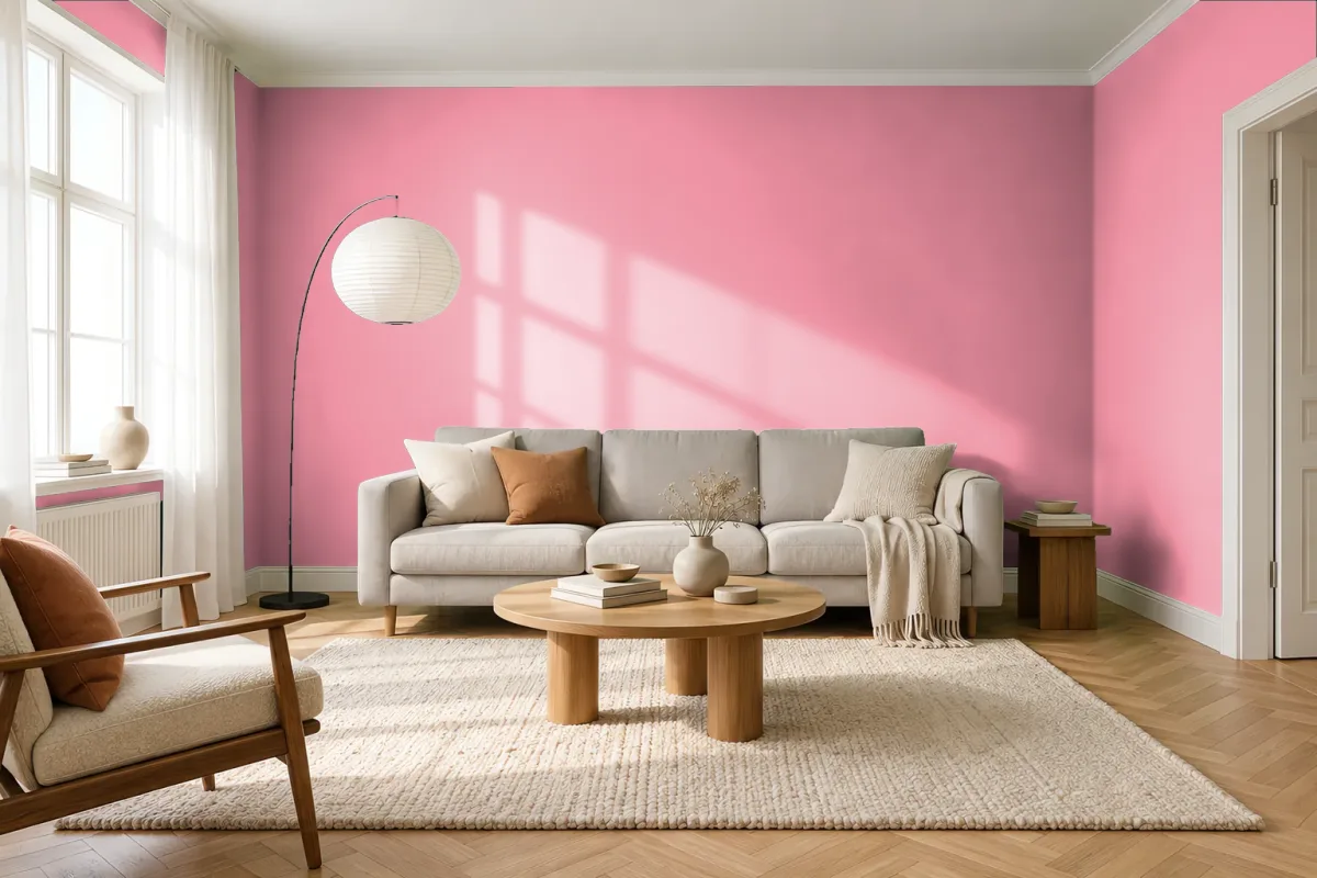 Краска PANTONE 15-1922 Geranium Pink — гостиная в скандинавском стиле