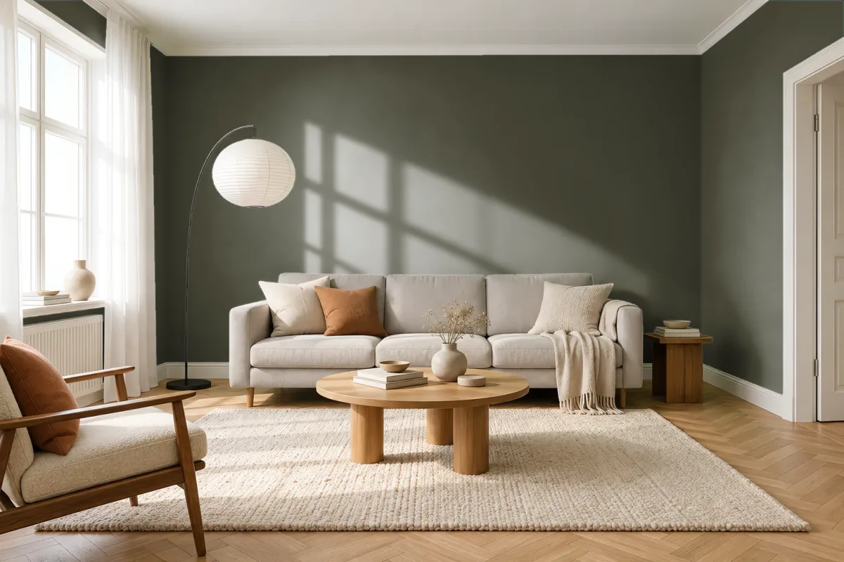 Краска PANTONE 19-0511 Grape Leaf — гостиная в скандинавском стиле