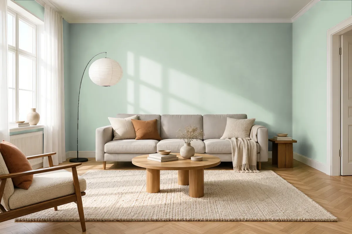 Краска PANTONE 13-6107 Green Lily — гостиная в скандинавском стиле