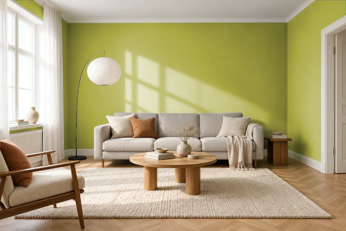Краска PANTONE 15-0538 Green Oasis — гостиная в скандинавском стиле