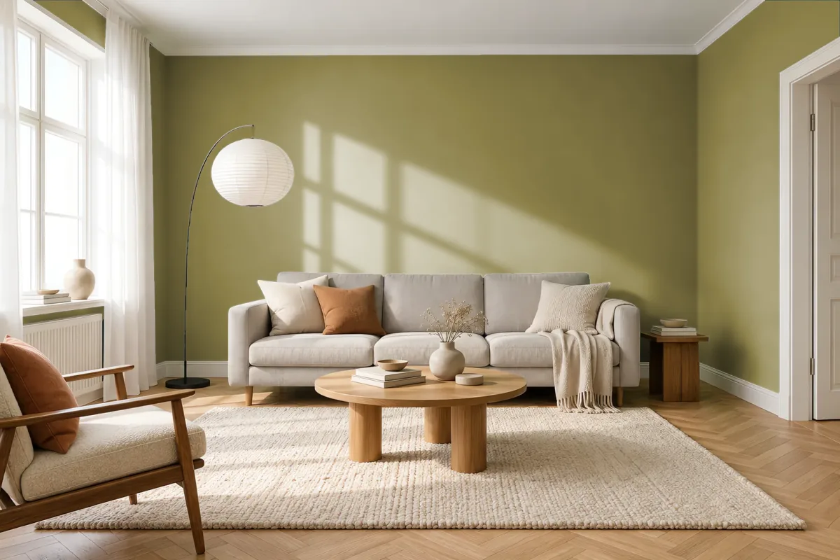 Краска PANTONE 17-0535 Green Olive — гостиная в скандинавском стиле