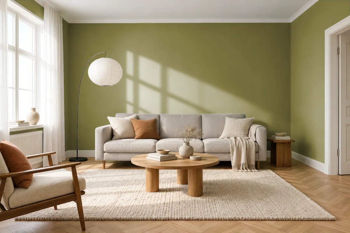 Краска PANTONE 17-0530 Guacamole — гостиная в скандинавском стиле