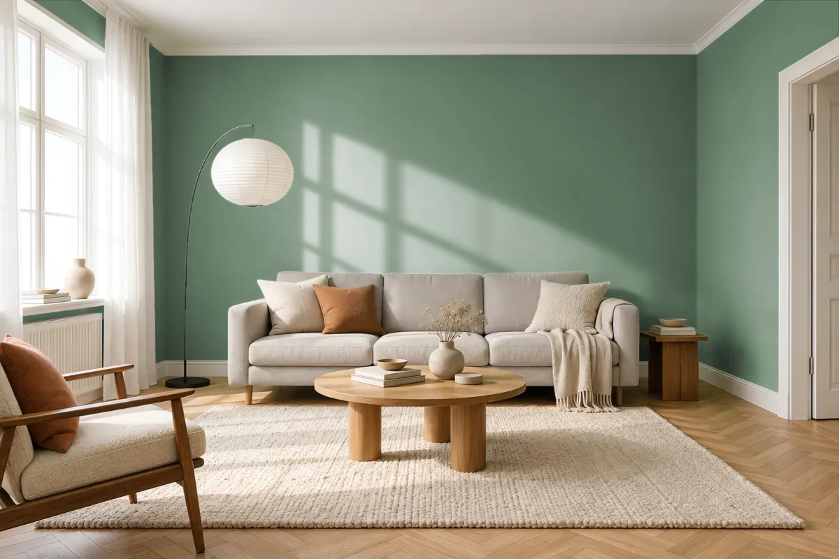 Краска PANTONE 17-6323 Hedge Green — гостиная в скандинавском стиле