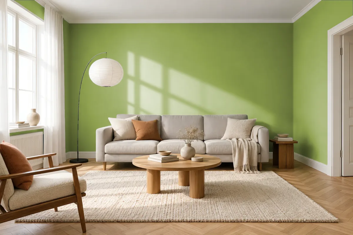 Краска PANTONE 15-0336 Herbal Garden — гостиная в скандинавском стиле