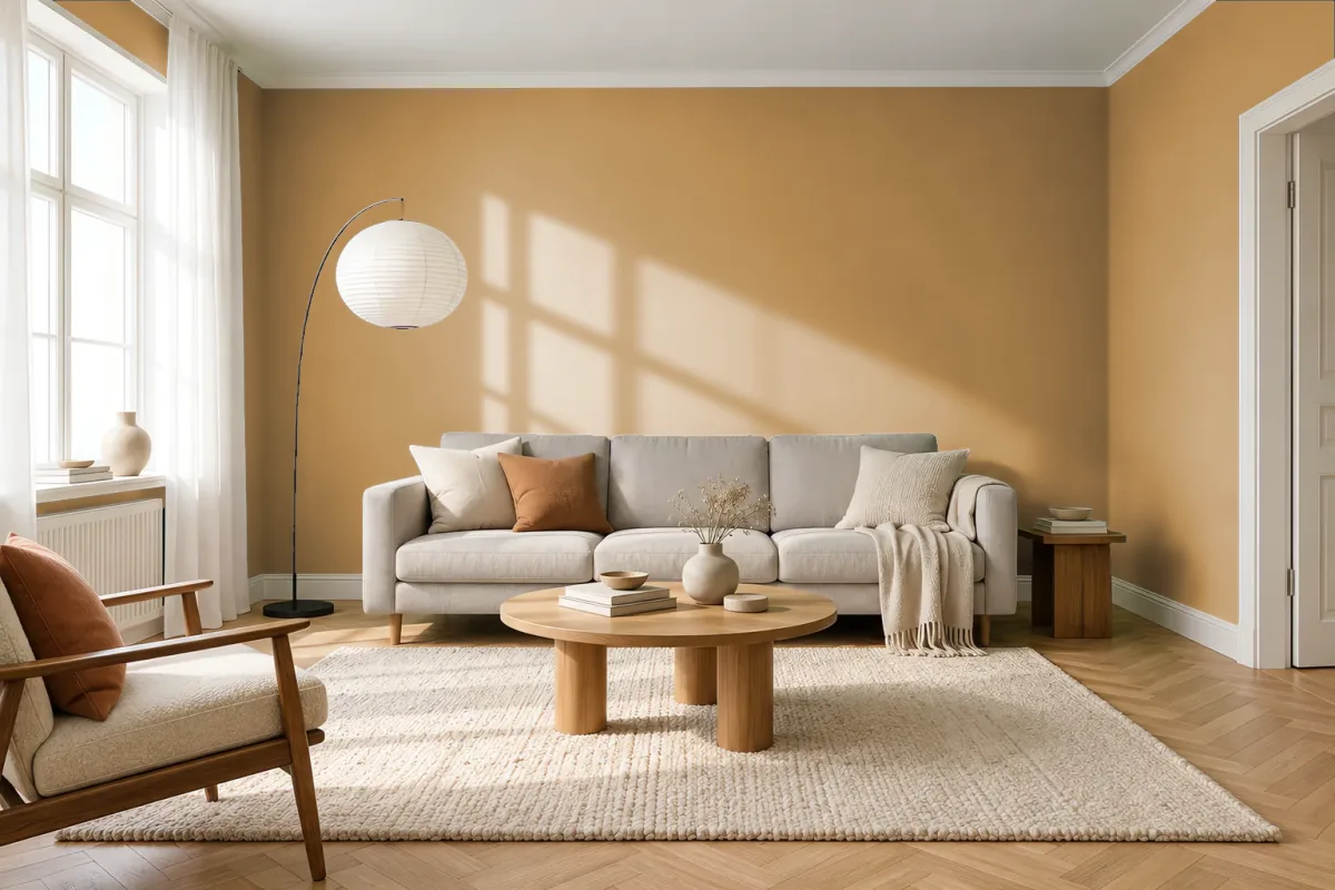 Краска PANTONE 17-1047 Honey Mustard — гостиная в скандинавском стиле