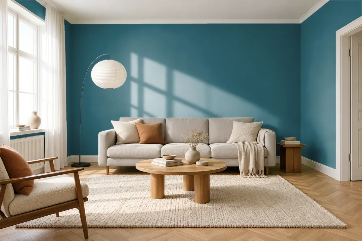 Краска PANTONE 18-4718 Hydro — гостиная в скандинавском стиле