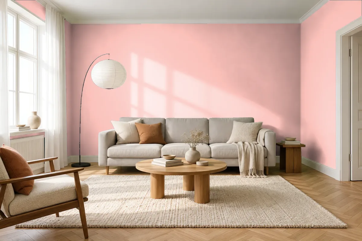 Краска PANTONE 13-1510 Impatiens Pink — гостиная в скандинавском стиле