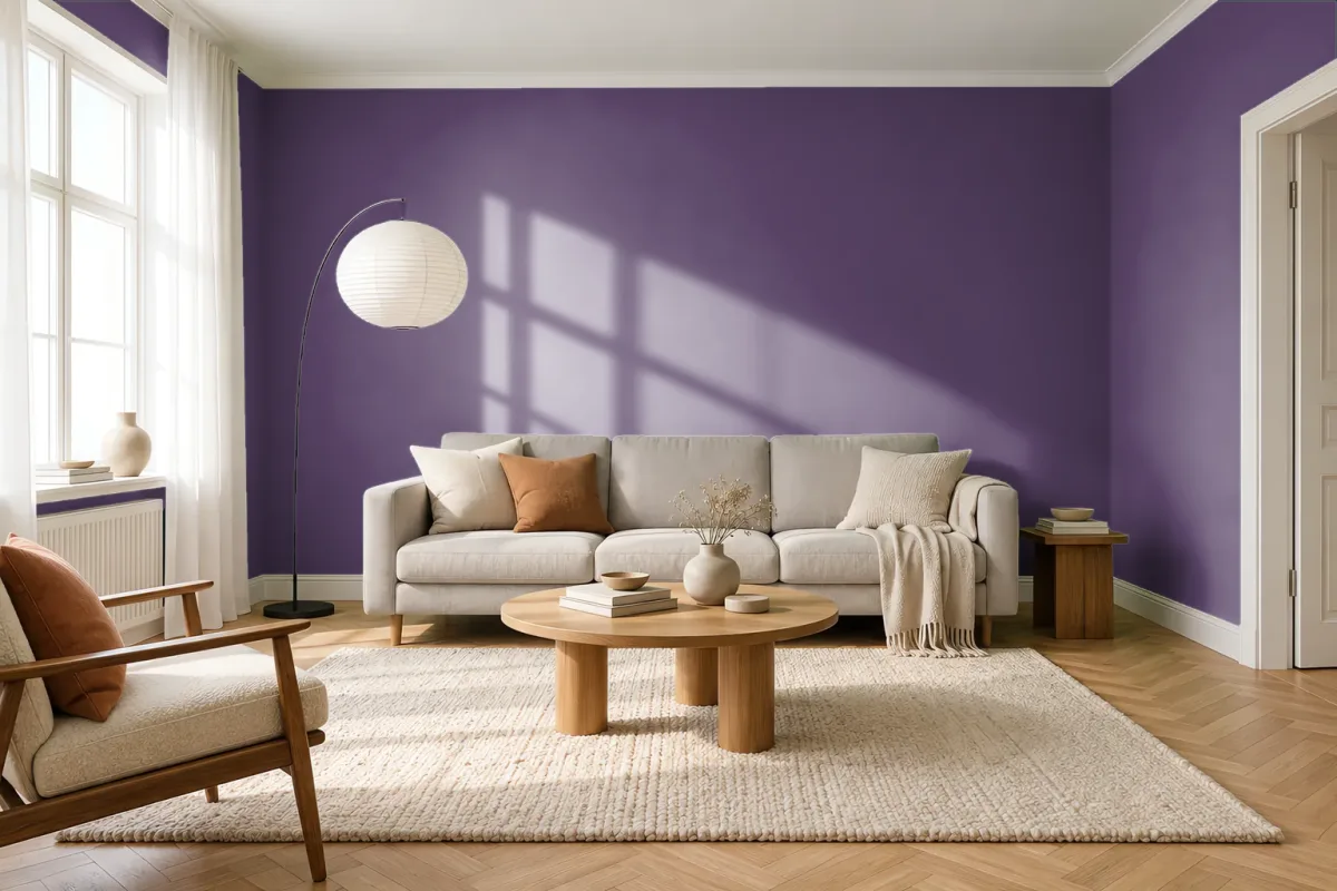 Краска PANTONE 19-3528 Imperial Purple — гостиная в скандинавском стиле